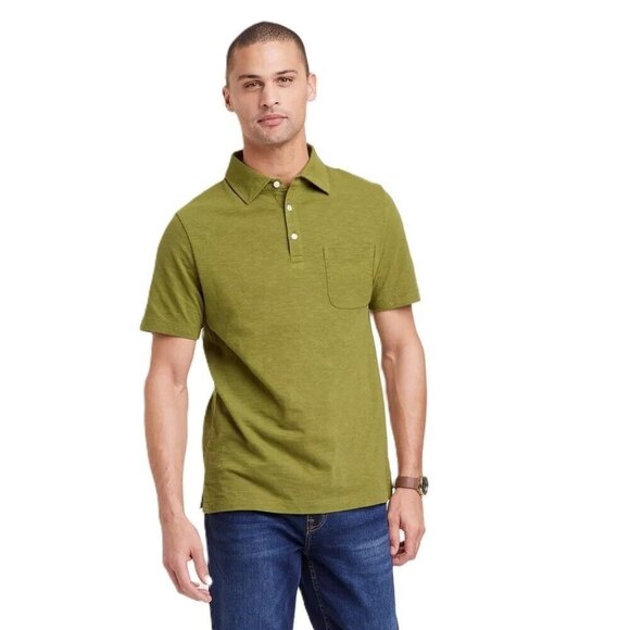 Goodfellow Men's Olive Green Regular Fit SS Slub Jersey Polo Shirt - Picture 1 of 5